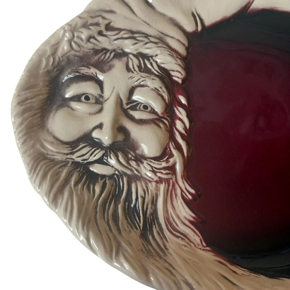 Vintage Flat Earth Pottery 1991 Red Winter Santa Christmas Plate Platter